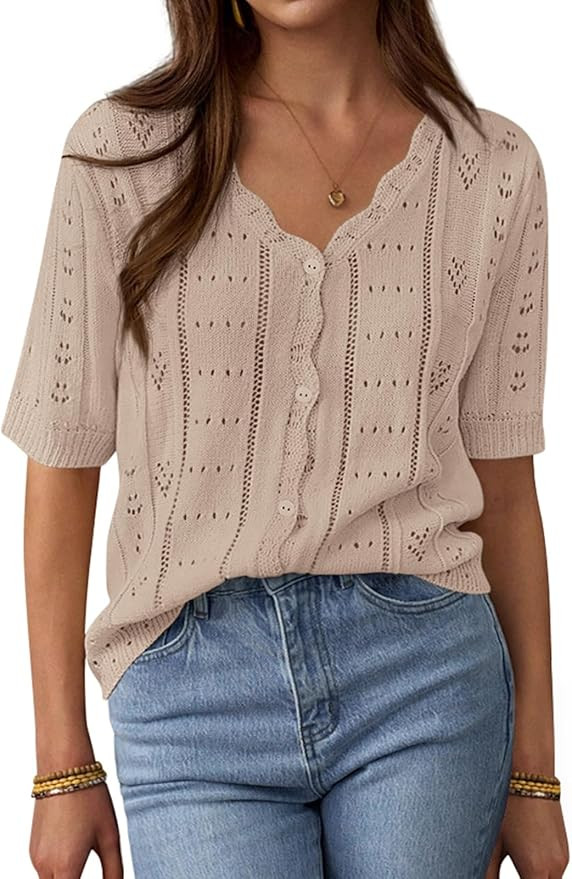 PRETTYGARDEN Womens Short Sleeve Crochet Knit Sweater Spring Fashion 2026 Button Down Lightweight... | Amazon (US)