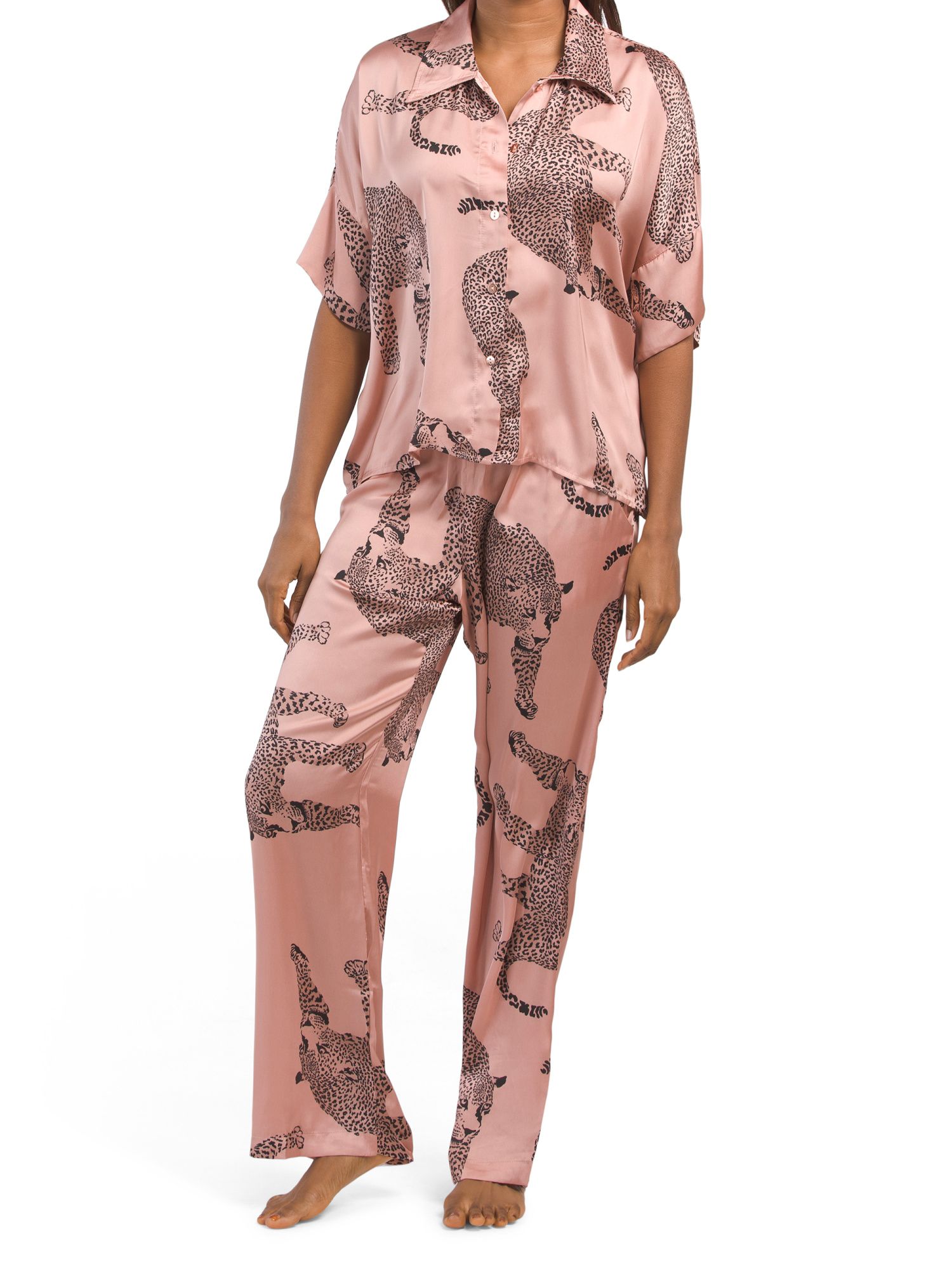 Satin Big Cat Printed Short Sleeve Pajamas | TJ Maxx