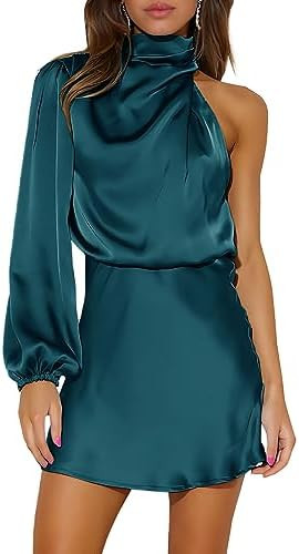 Ferlema Women's Satin Cocktail Dresses Mock Neck One Shoulder Long Sleeve High Waist Wedding Gues... | Amazon (US)