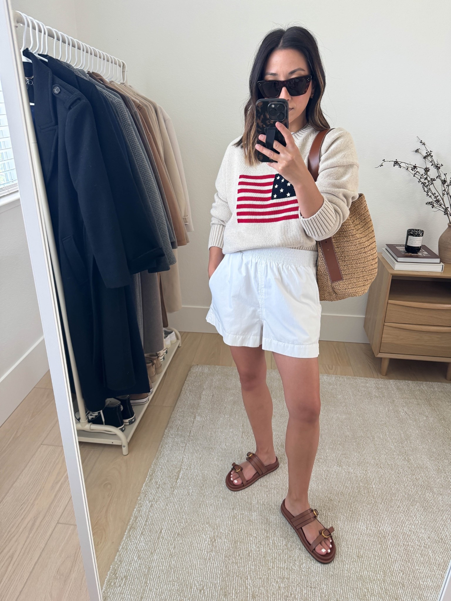 American flag sweater from Quince. Sold out so fast so linked similar. Shorts are old, too but linked similar. 

Quince sweater small
French Connection shorts xs (old)
Zara slide 5
J.crew bag
Celine sunglasses 

#LTKItBag #LTKPetite #LTKStyleTip
