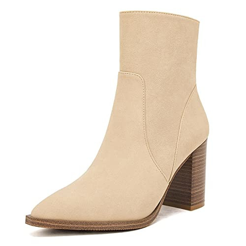 LAICIGO Women's Pointed Toe Ankle Boots Chunky Stacked Heel Side Zipper Faux Suede Ankle Booties, Beige, Size 9.5 | Amazon (US)