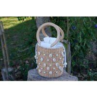 Pearl Beaded Bag, Bucket Straw Vintage Wooden Beach Gifts, Vacation, Lovers Gift, Sea Shell Bag | Etsy (US)