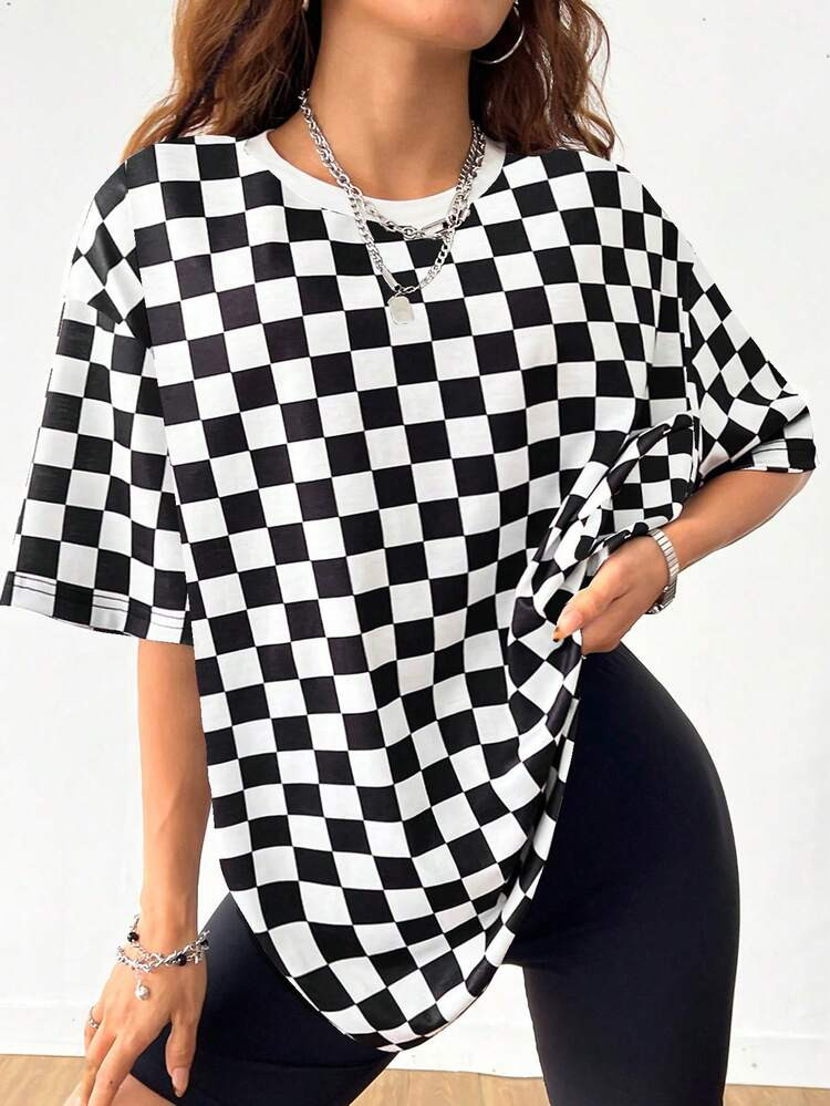 SHEIN EZwear L\u00e4ssiges, minimalistisches Damen T-Shirt mit Schwarz-Wei\u00df Karomuster, Rund... | SHEIN