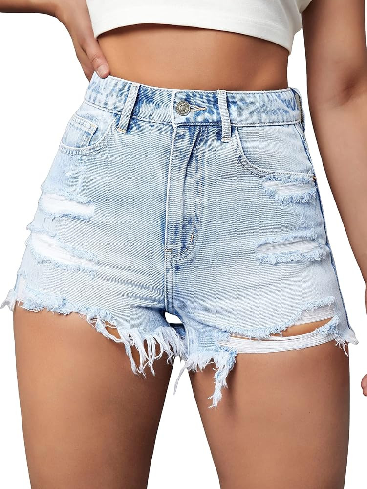 Floerns Women's Ripped Raw Hem High Waist Jean Shorts Straight Leg Denim Shorts | Amazon (US)