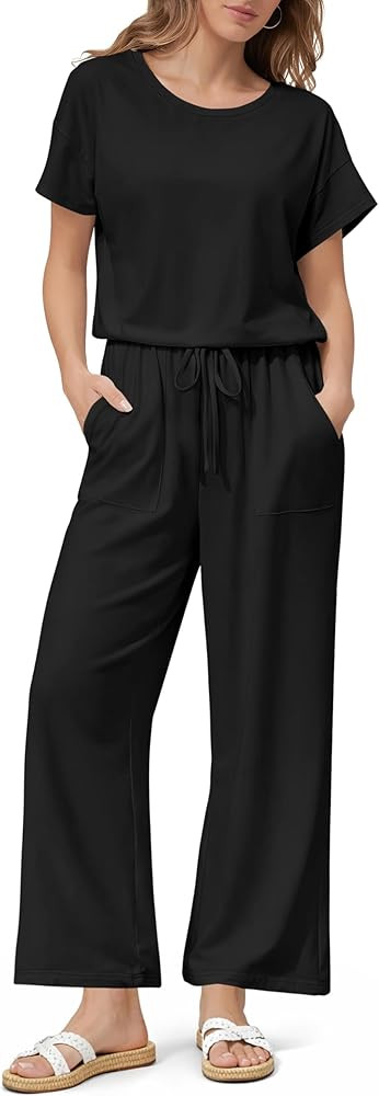 Ekouaer Jumpsuits for Women Casual Dressy Rompers for Women Short Sleeve Crew Neck One Piece Summ... | Amazon (US)