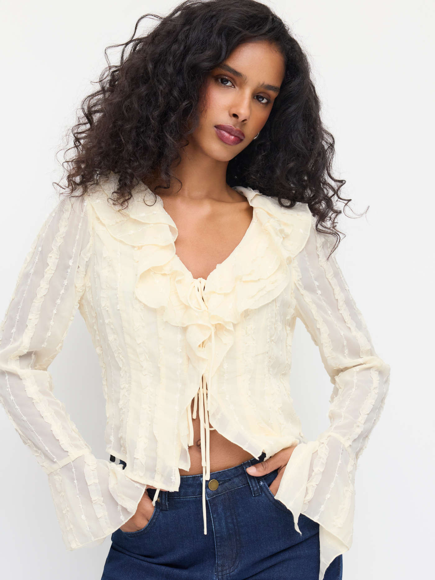 V-neck Long Sleeve Ruffle Trim Tie Front Bow Blouse | Cider
