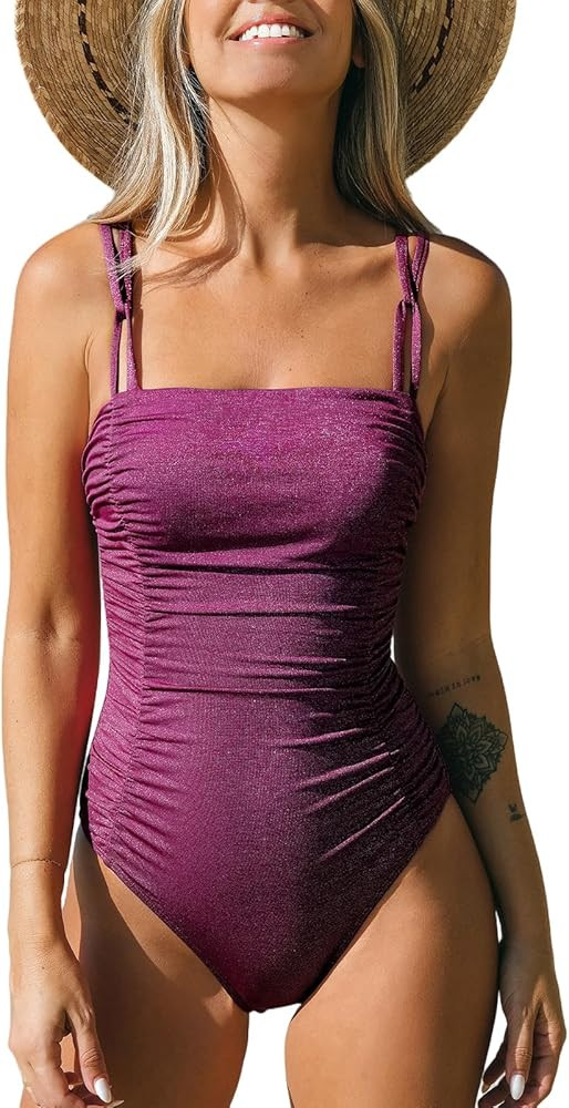 CUPSHE Women's One Piece Swimsuit Tummy Control Square Neck Bathing Suit Ruched Adjustable Straps | Amazon (US)
