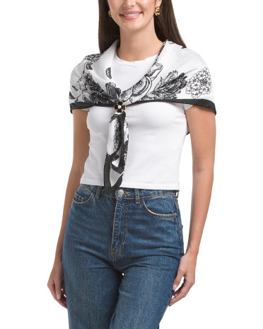 Floral Satin Square Scarf With Faux Pearl Clover Ring For Women, Polyester | TJ Maxx