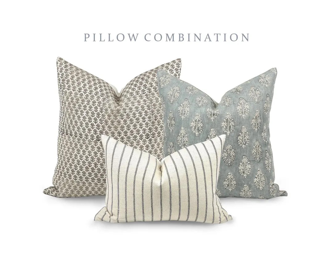 PILLOW COMBO | Light Neutrals, Beige Floral Pillow, Floral Blue Pillow, Striped Pillow, Pillow Co... | Etsy (US)