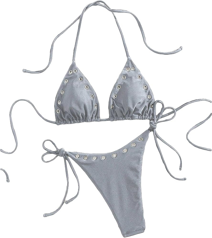 Women's Vintage Grommet Eyelet Bathing Suit Halter Summer Swimsuit Bikini Set | Amazon (US)
