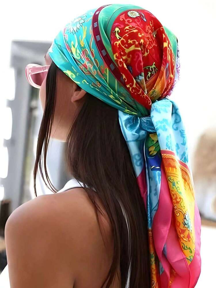 1pc Women's Multicolor Retro Pattern Satin Square Silk Scarf, 90x90cm, For Summer Traveling, Vacation, Streetwear, Multi-Purpose Headband, Hairband, Bandana, Foulard | SHEIN