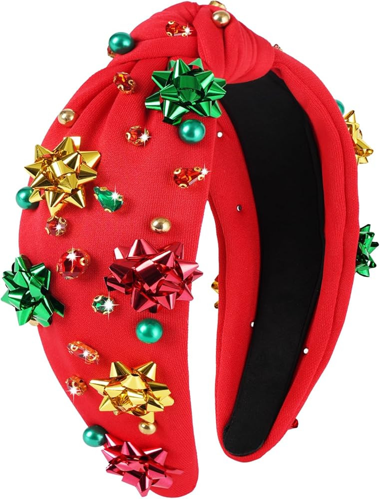 Christmas Headbands for Women, Red Knotted Jeweled Xmas Headband with Rhinestones Pearls, Holiday... | Amazon (US)