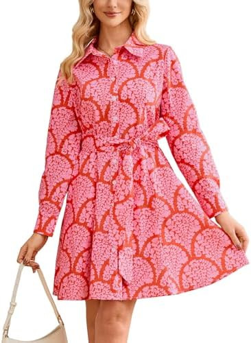 YEXPINE Women's Printed Button Down Shirt Dress Long Sleeve Collared V-Neck Belted Mini Dress wit... | Amazon (US)