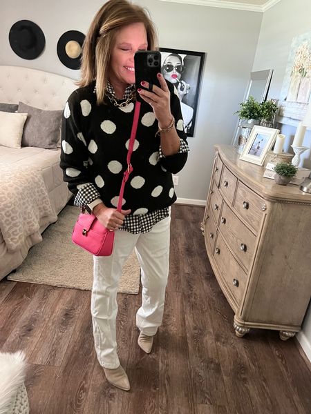 Loving this cute polka dot sweater from Walmart styled with the gingham shirt, white bootcut jeans and the pop of hot pink crossbody! Cute fall outfit for teacher, work, or dressing up for dinner. 

Walmart finds, Walmart fashion, Amazon finds, Amazon fashion, white jeans, boots, fall outfit, fall trends, sweater, fashion over 40, business casual 

#LTKsalealert #LTKunder50 #LTKworkwear