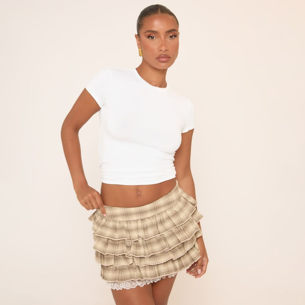 Low Waist Contrast Lace Trim Layered Ruffle Detail Micro Mini Skirt In Brown Check Print | EGO (UK)