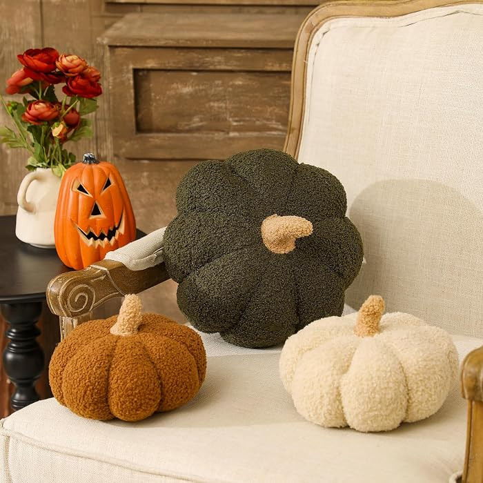 Briwooody 3 Pcs Fall Halloween Pumpkin Throw Pillow, 3D, Sherpa, 3 Color | Amazon (US)