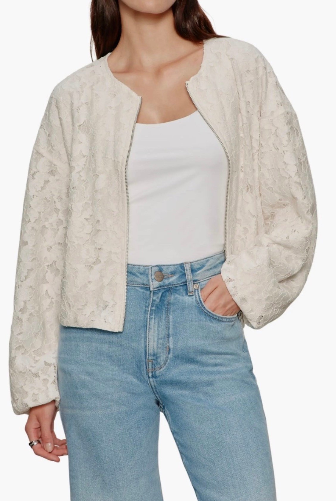 Lace bomber jacket 
Jacket
White jacket 
Jeans 

#LTKSeasonal #LTKdayinmylife