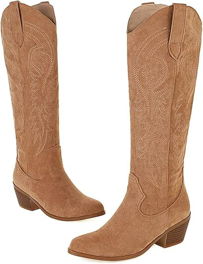 Erocalli Cowboy Boots for Women Embroidered Pull-On Chunky Stacked Heel Cowgirl Knee High Western... | Amazon (US)