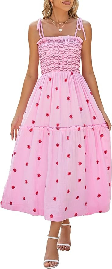 Women Floral Embroidered Maxi Dress Sleeveless Tie Shoulder Smocked Flowy Dress Boho Summer Sundr... | Amazon (US)