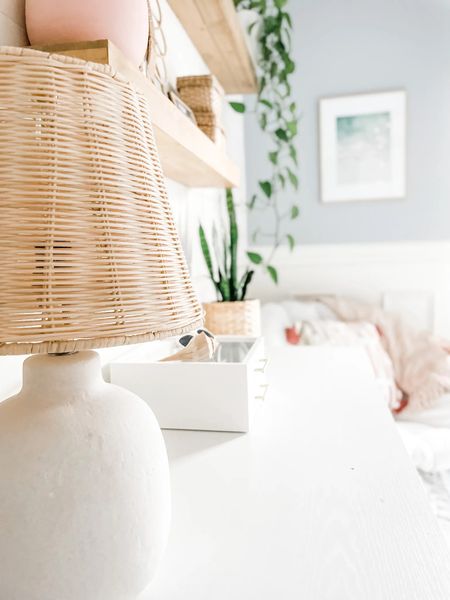 Love this white ceramic lamp with woven shade from the Studio McGee line at Target! It’s the perfect desk decor for our teenage daughter’s coastal inspired bedroom.

Table lamp, desk lamp, lamp with rattan lamp shade, desk decor, jewelry strorage, coastal art print, natural gallery frame, light wood colored picture frame, white desk, floating shelf, girl room decor, bedroom decor, papasan chair, throw pillow with tassels. 
Target decor.
#bedroom #deskdecor #lamp

#LTKstyletip #LTKhome #LTKFind