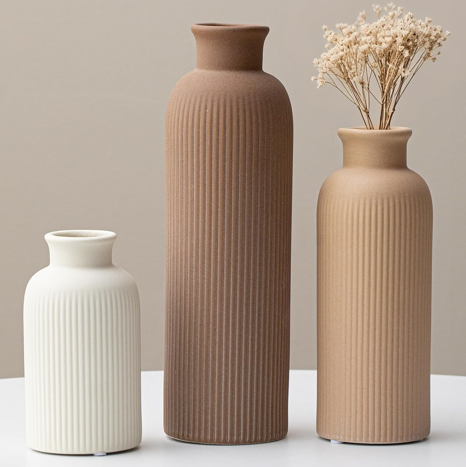 Modern Ceramic Vase Set, Earth Tone Natural Color Ribbed Matte Design, 3-Piece Decorative Vases for Home, Living Room, Office (Coffee Mix) | Amazon (US)