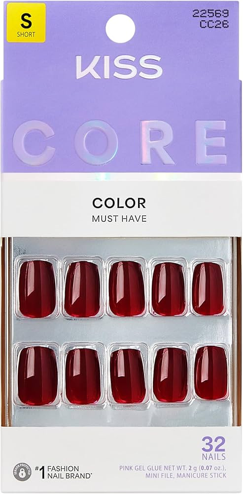 Kiss Core, Press On Nails, Nail glue included, 'Sprightly', Red, Short Size, Squoval Shape, Inclu... | Amazon (US)