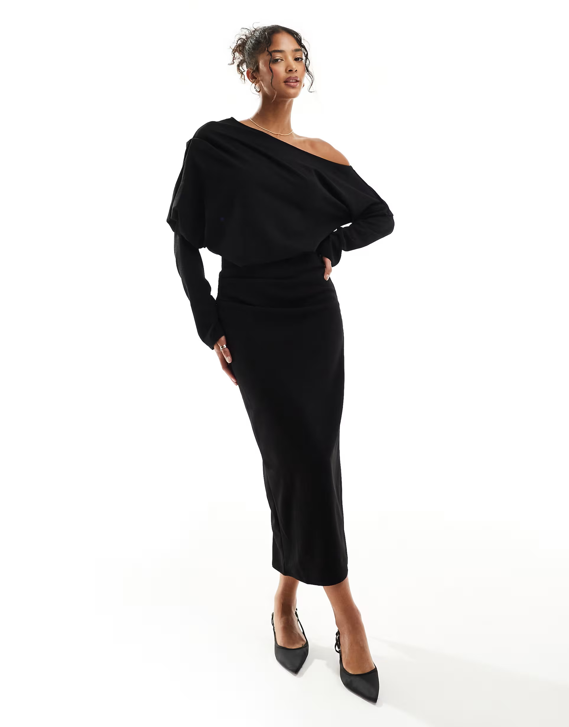 ASOS DESIGN slouchy fallen shoulder midi dress in black | ASOS | ASOS (Global)