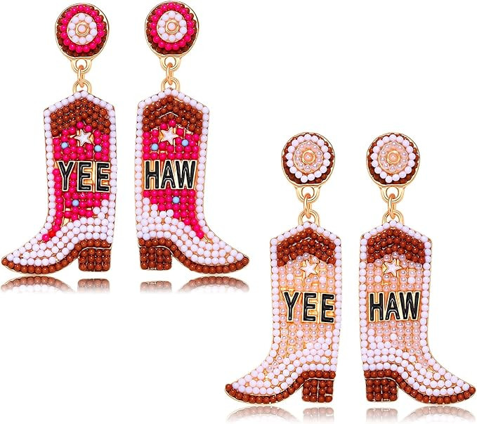 Western Cowgirl Earrings, Beaded Cowboy Boot Earrings for Women Handmade Cowgirl Howdy YEEHAW Dro... | Amazon (US)