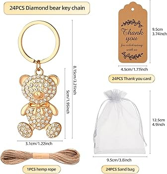 24 Pcs Diamond Small Bear Keychain, with White Organza Bags Thank You Tags and Rope, Bear Keyring... | Amazon (US)