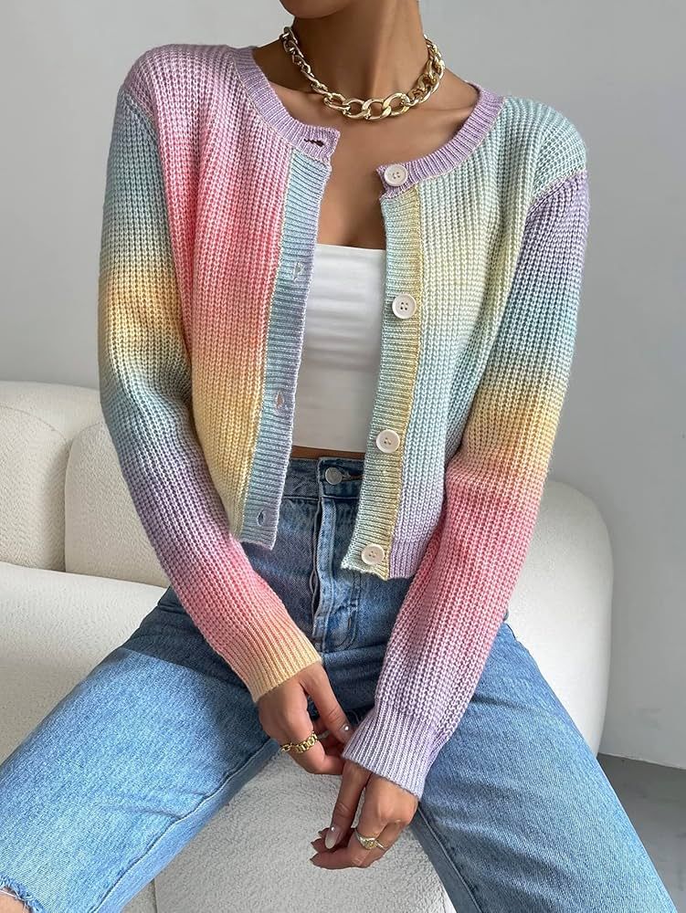 Women's Cardigans Ombre Ribbed Knit Cardigan (Color : Multicolor, Size : Large) | Amazon (US)