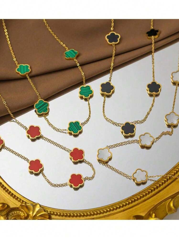 1pc Stainless Steel Clover & Flower Design Necklace For Women, Cascading Lock Chain Necklaces Valentines | SHEIN