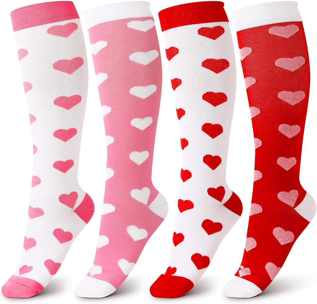 4 Pair Valentine Sock for Women Knee High Sock Long Heart Print Compression Stocking Gift for Val... | Amazon (US)