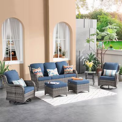 Ovios 6-Piece Rattan Patio Conversation Set with Blue Cushions | Lowe's