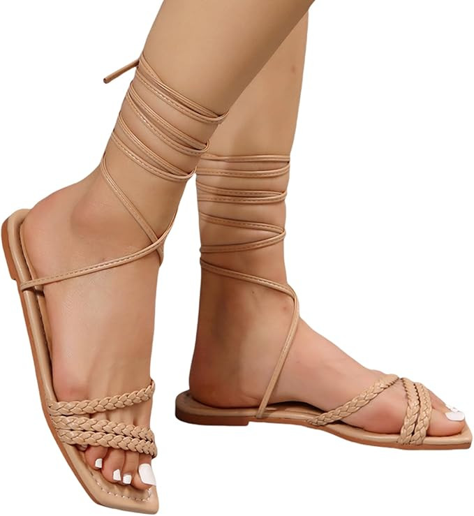 Women Lace Up Gladiator Sandals Strappy Square Toes Summer Criss-Cross Fisherman Shoes Tie up Ank... | Amazon (US)