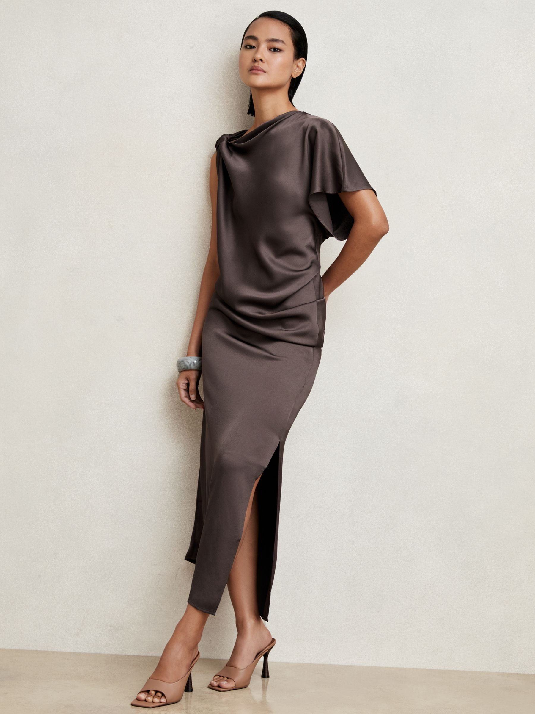 Satin Asymmetric Draped Midi Dress in Mauve | Reiss UK