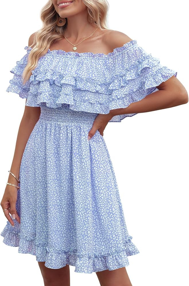 Fazortev Womens Flowy Off Shoulder Dress Summer Ruffle Smocked Casual Square Neck Elastic Waist M... | Amazon (US)