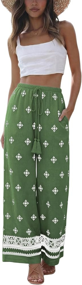 Springrain Women's Boho Wide Leg Linen Pants Casual High Waist Drawstring Summer Floral Palazzo T... | Amazon (US)