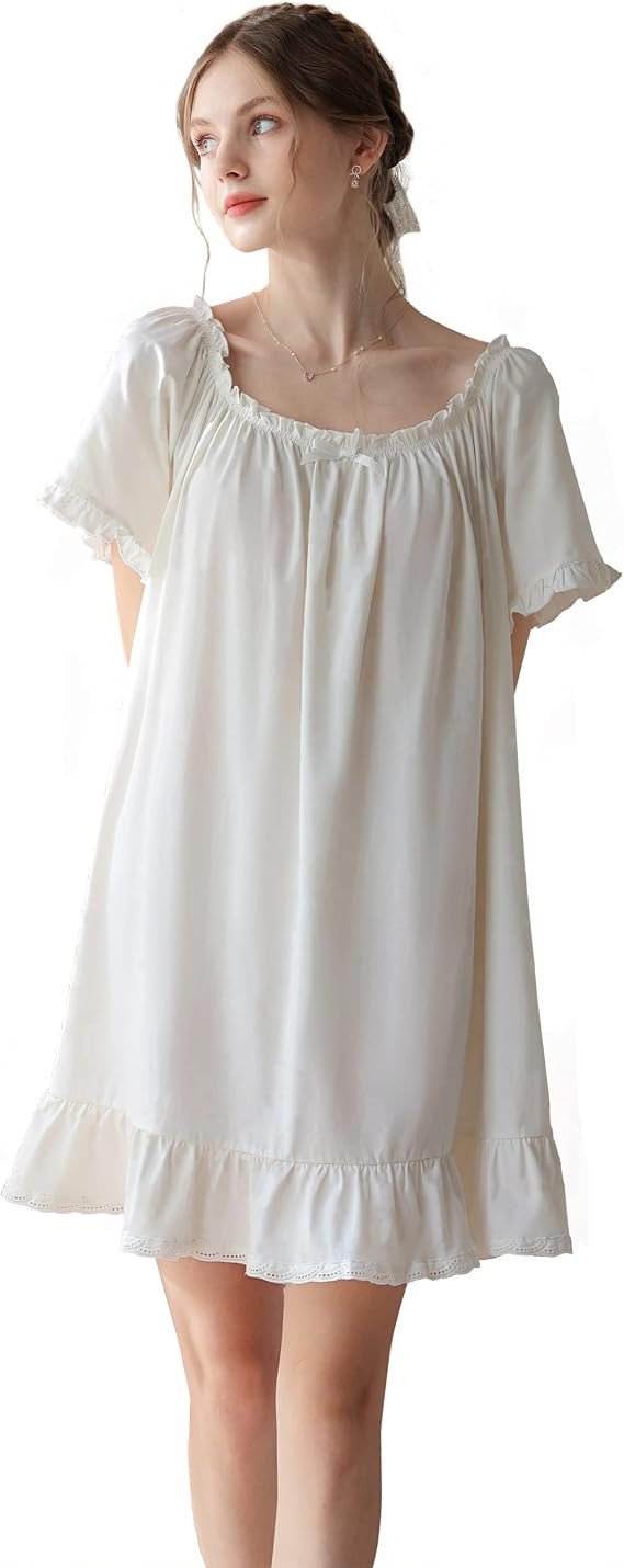 Women's Cotton Nightgowns Vintage Lightweight Gown Sets Short Sleeve Princess Nightdress | Amazon (US)
