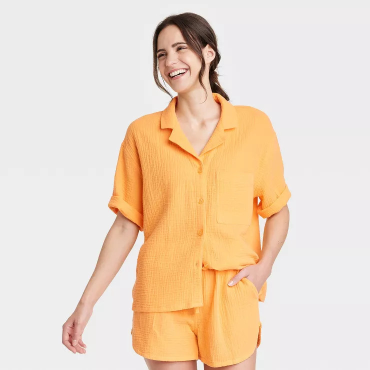 Women's 100% Cotton Gauze Short Sleeve Notch Collar Top - Stars Above™ | Target