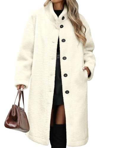 VXVGER Women’s Winter Fuzzy Fleece Coat Warm Long Cardigan Open Front Jacket Button Faux Fur Fluffy Overcoat(Beige,S) | Amazon (US)