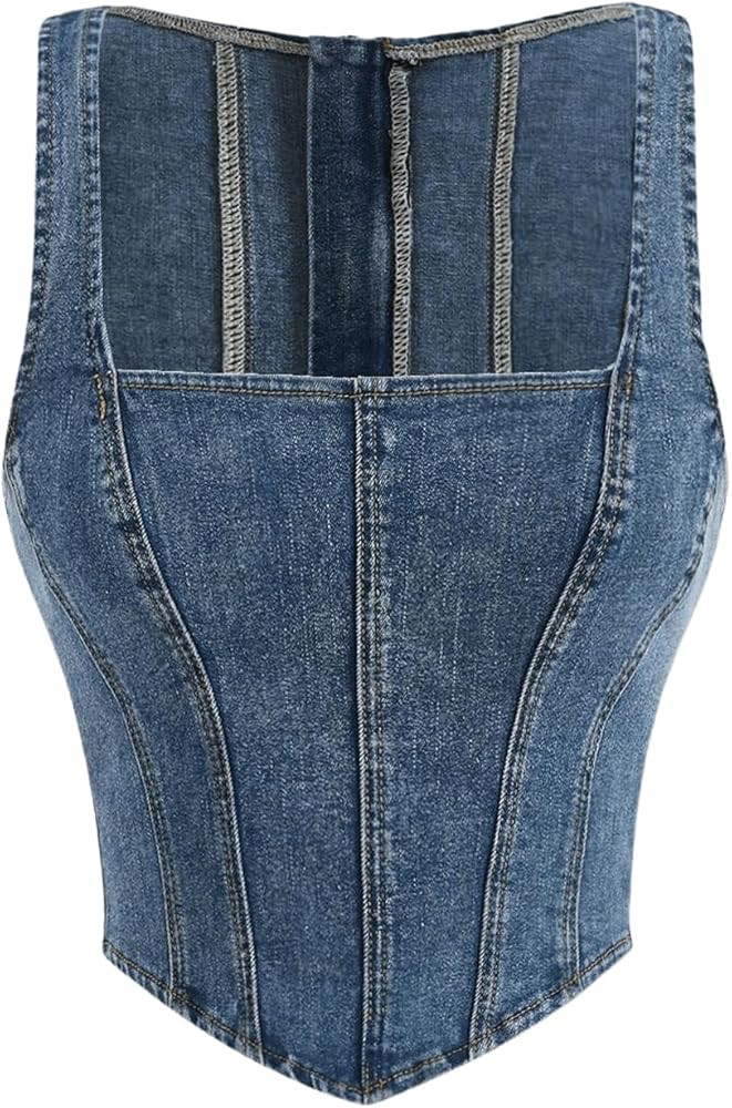 Verdusa Women's Square Neck Sleeveless Asymmetrical Denim Tank Crop Top | Amazon (US)