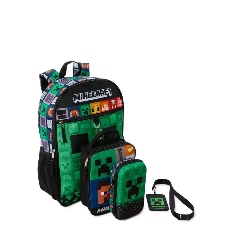 Minecraft Kids’ Backpack with Lunch Bag 4-Piece Set Green Black - Walmart.com | Walmart (US)