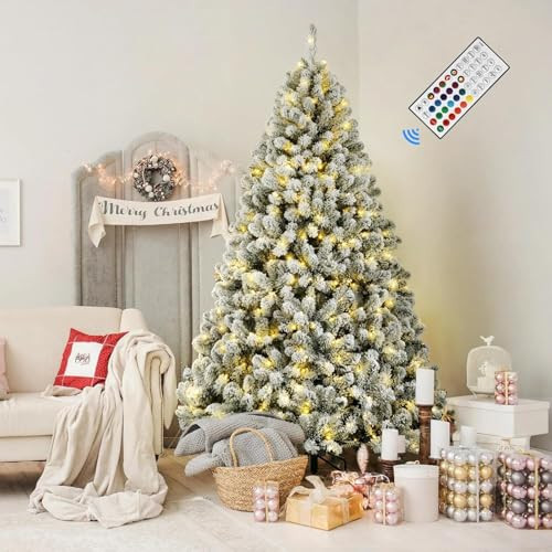 SHareconn 7.5ft Prelit Snow Flocked Spruce Artificial Christmas Tree with Remote (Upgraded), 470 Pre-Lit Multi-Color RGB Lights, Full Snow Branch Tips for Home, Office, Party Decoration, 7.5 FT | Amazon (US)