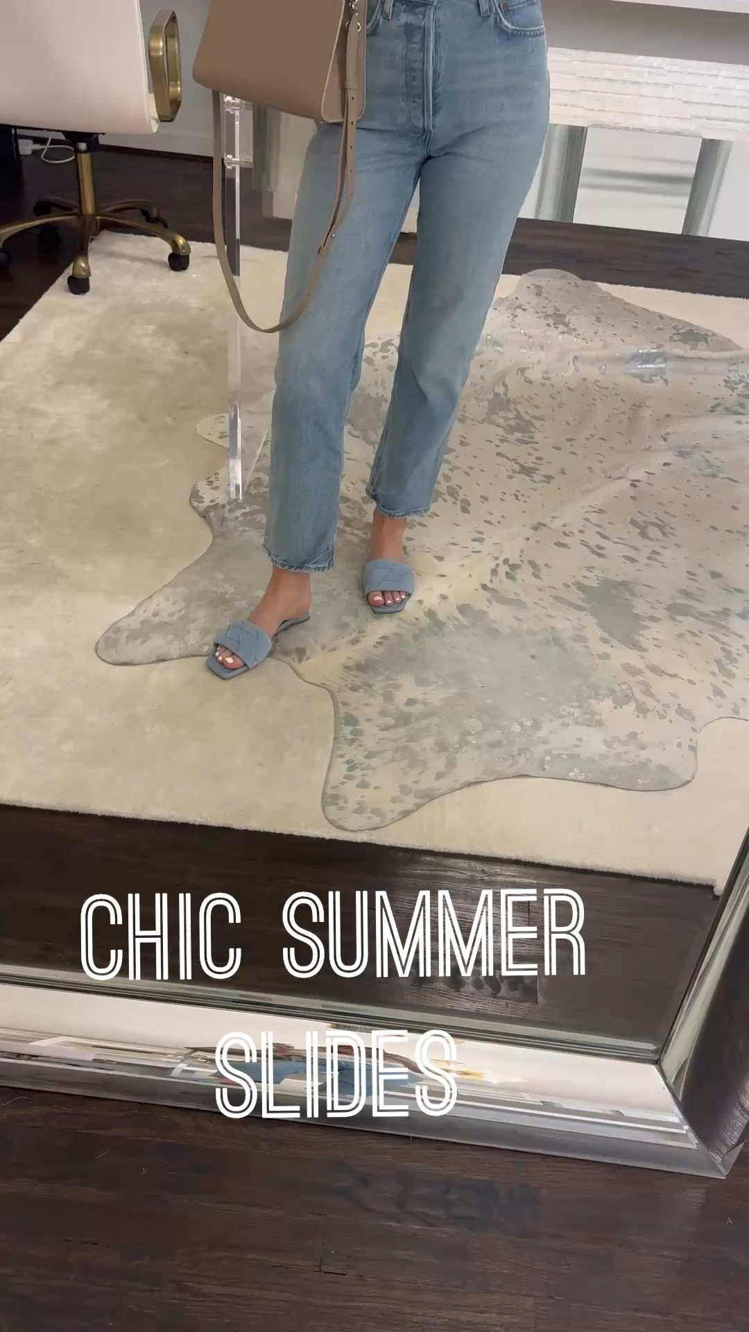 These chic baby blue suede summer slides look designer but are a fraction of the price! They’re flat, comfortable, and perfect with a simple white tank and great denim for an easy elevated summer outfit. I’m wearing a size XS in the tank and size 24 in the jeans. #SummerSlides #DesignerInspired #SummerOutfit #LTKOver40 

 #LTKootd #LTKSeasonal #LTKOver40