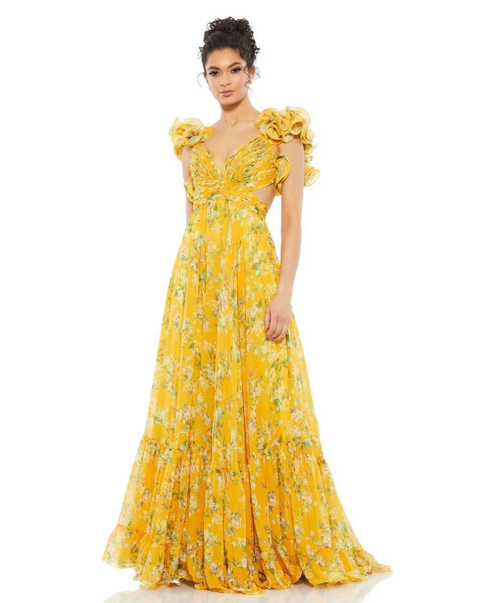 Yellow Ruffle Tiered Floral Cut-Out Chiffon Gown | Final Sale | Mac Duggal