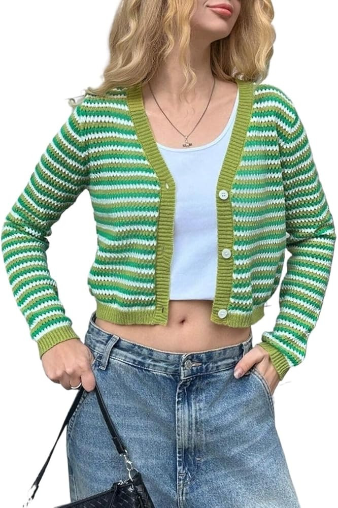Womens Fashion Casual Cardigan Sweater Round Neck Long Sleeve Short Striped Knit Cardigan | Amazon (US)