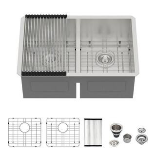 30 in. Undermount 50/50 Double Bowl 16 Gauge Stainless Steel Low Divider Kitchen Sink R10 Round Corner with Bottom Grids | The Home Depot