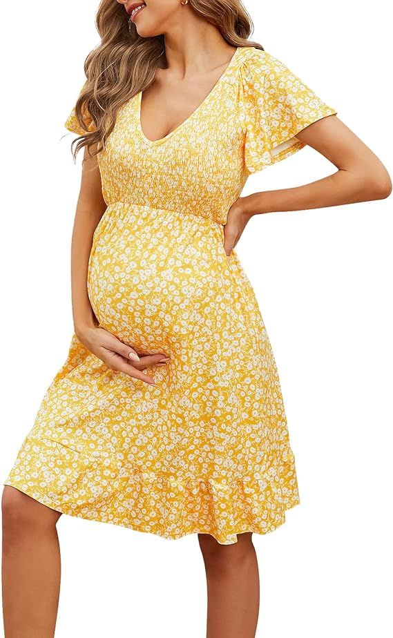 Domee Maternity Dress Floral Print V-Neck Midi A-Line Shirred Short Sleeves Ruffled Flowy Summer ... | Amazon (US)