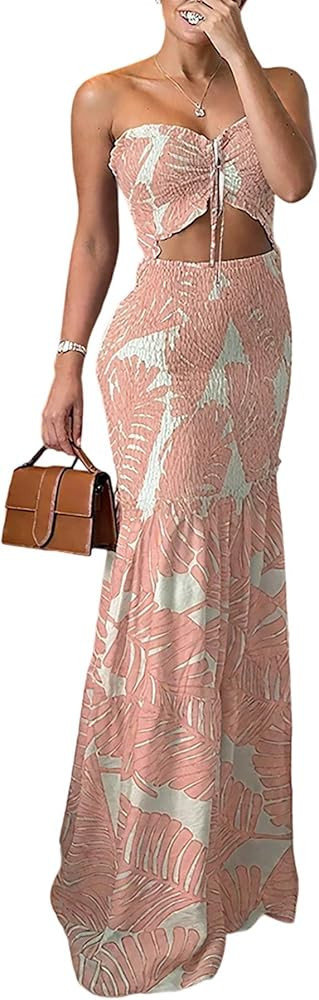 CHICME Floral Printed Vacation Dress Halter Tie Ruched Shirred Bandeau Party Dress Slim Ruffle He... | Amazon (US)