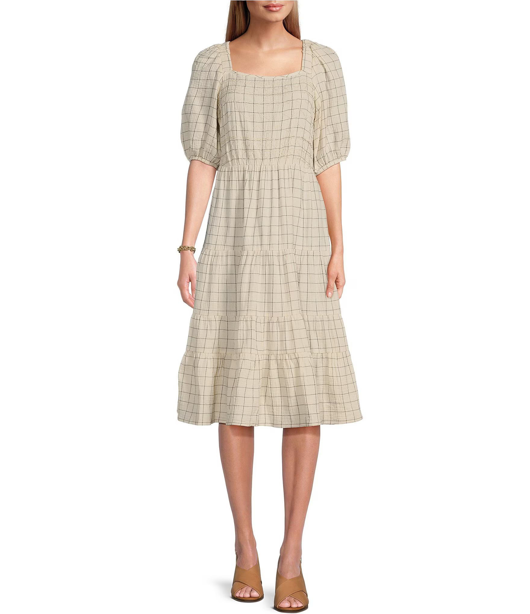 by Westbound Check Print Short Sleeve Square Neck A-Line Midi Dress | Dillard's